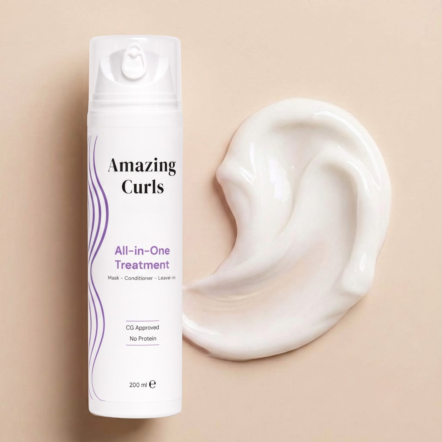 Fles met Amazing Curls All-in-One Treatment naast crème in krulvorm, voor verzorging volgens cgmethode