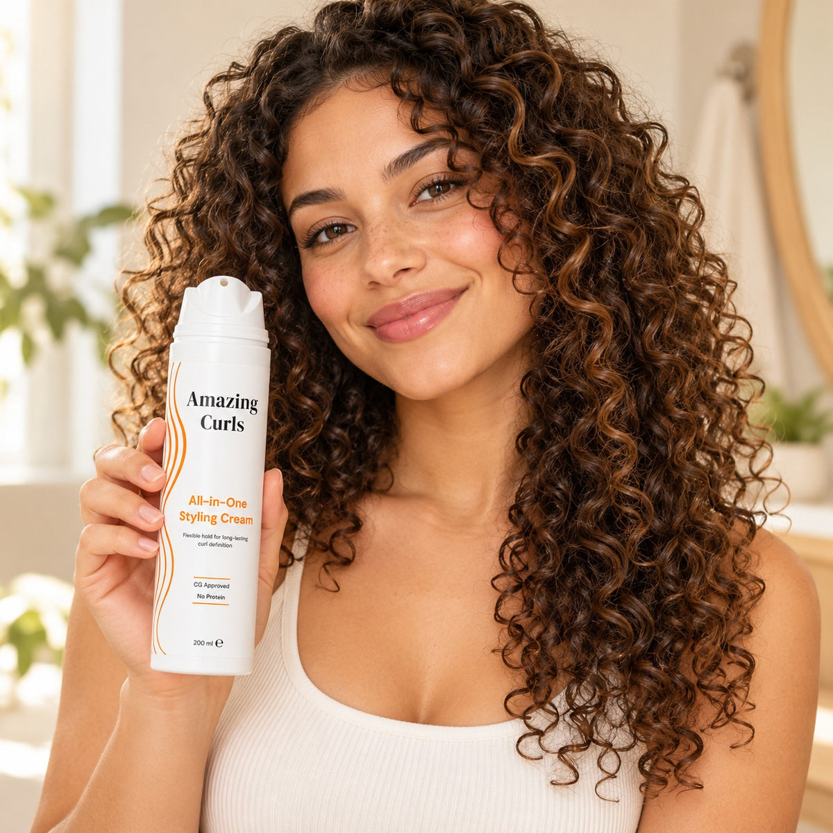 Vrouw met krullend haar houdt All-in-One Styling Cream van Amazing Curls vast