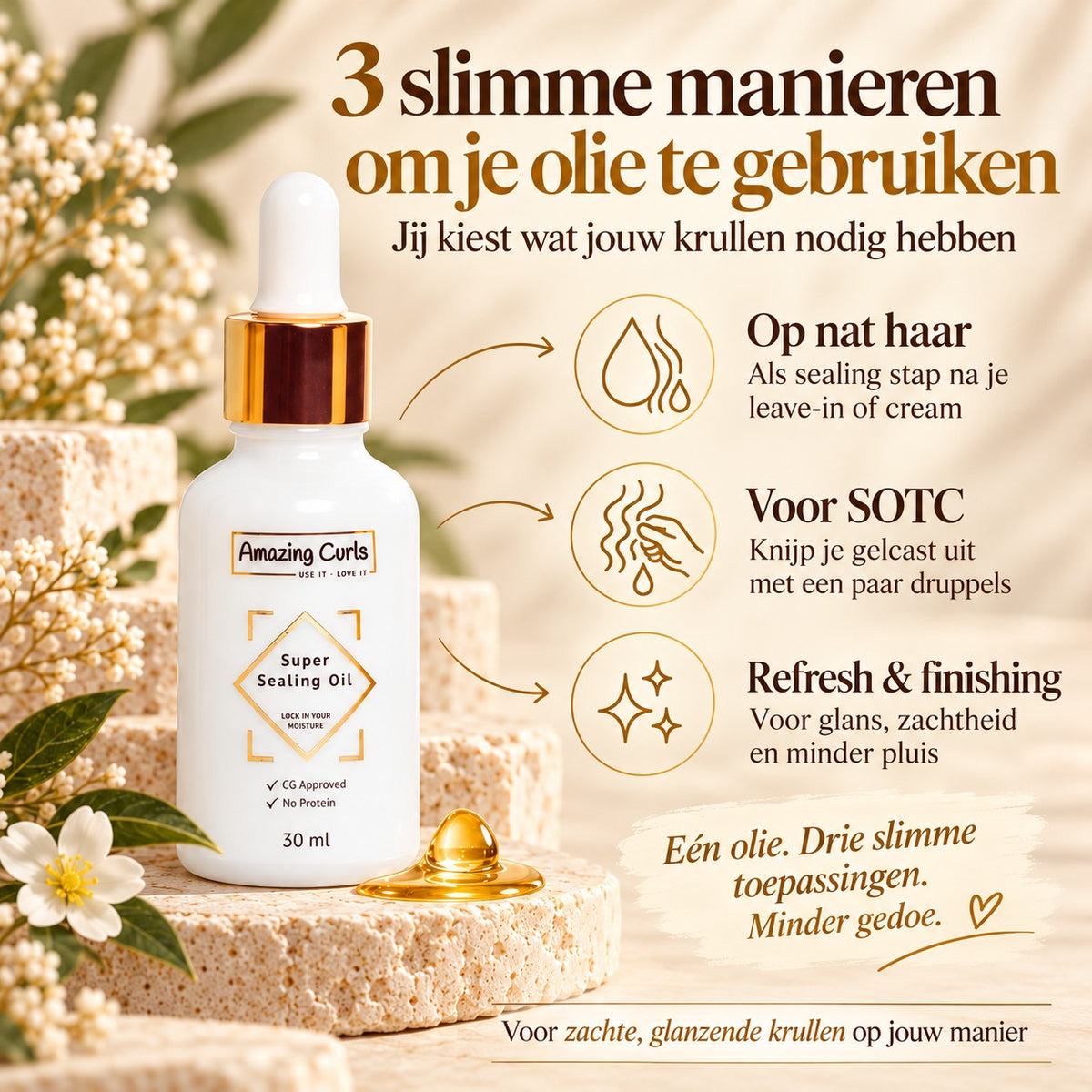 Super Sealing Oil infographic met drie gebruiksmethoden voor krullen op nat haar SOTC en refresh styling
