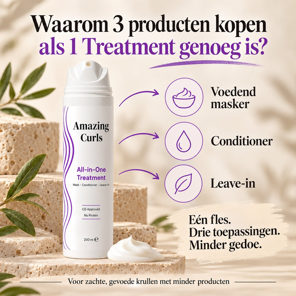 Infographic van All-in-One Treatment als voedend masker, conditioner en leave-in voor zachte krullen