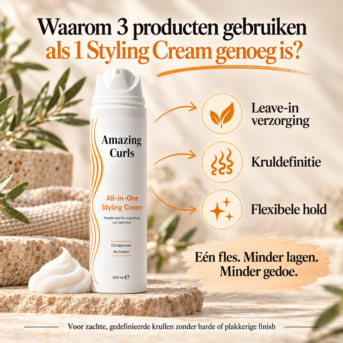 Infographic over All-in-One Styling Cream voor leave-in verzorging, kruldefinitie en flexibele fixatie