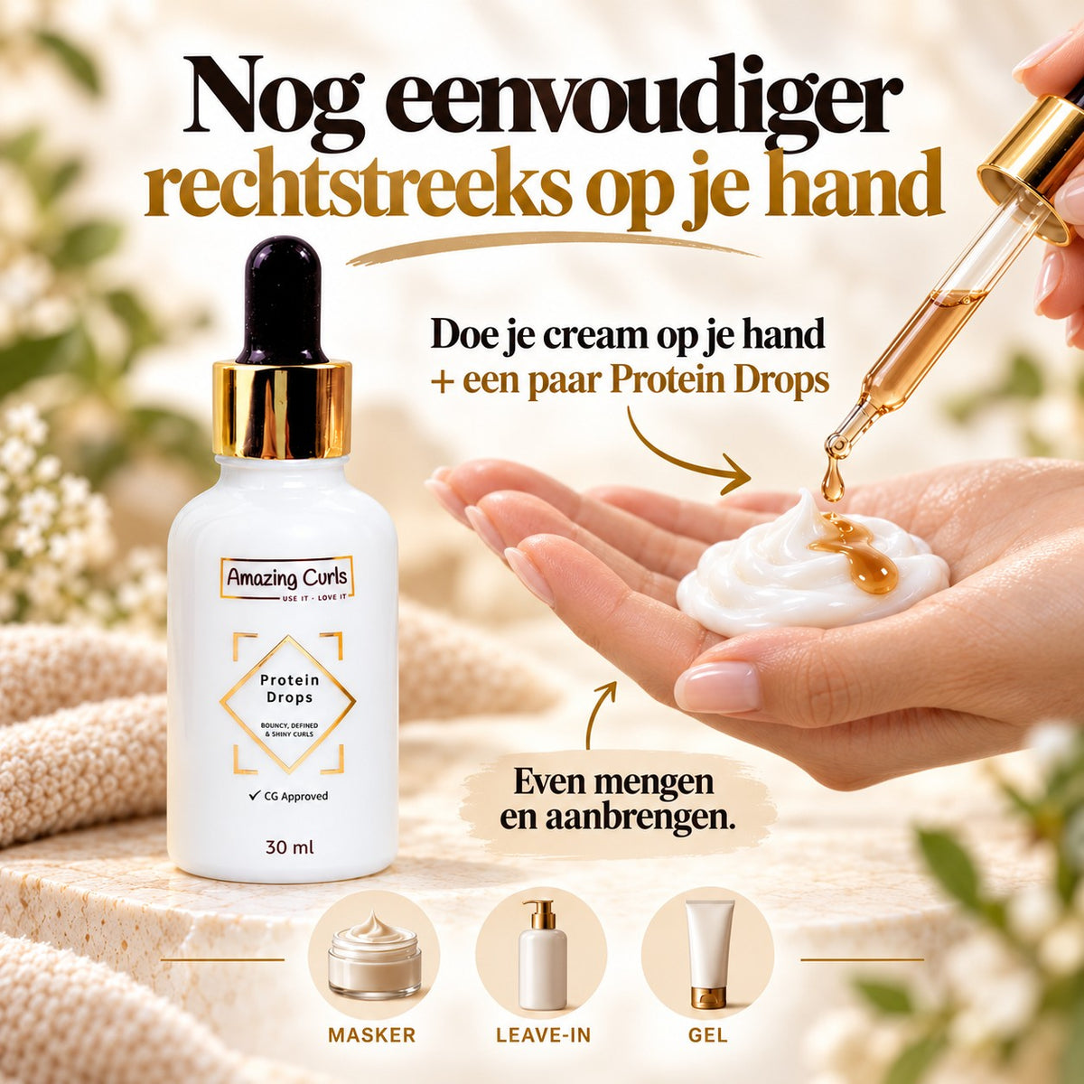 Infographic Protein Drops mengen met crème voor gebruik als masker leave-in of gel voor krullen