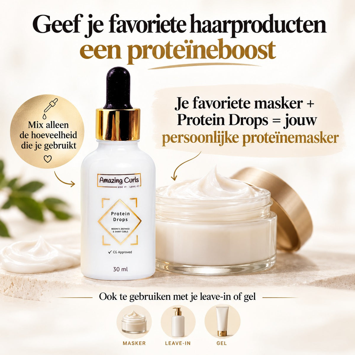 Infographic over Protein Drops voor toevoeging aan masker leave-in of gel voor krullen