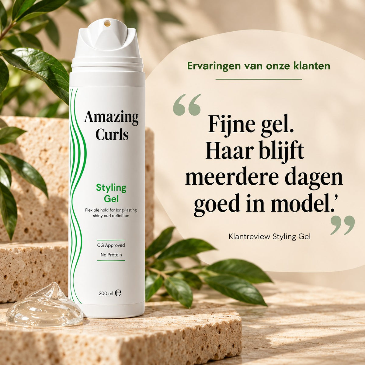 Amazing Curls Styling Gel met klantreview over langdurig behoud van model in krullend haar