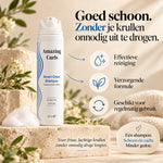 Infographic met shampoo, schuim en tekst over effectieve reiniging, verzorgende formule en regelmatig gebruik voor krullen