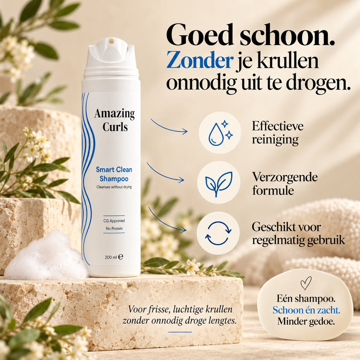 Infographic met shampoo, schuim en tekst over effectieve reiniging, verzorgende formule en regelmatig gebruik voor krullen