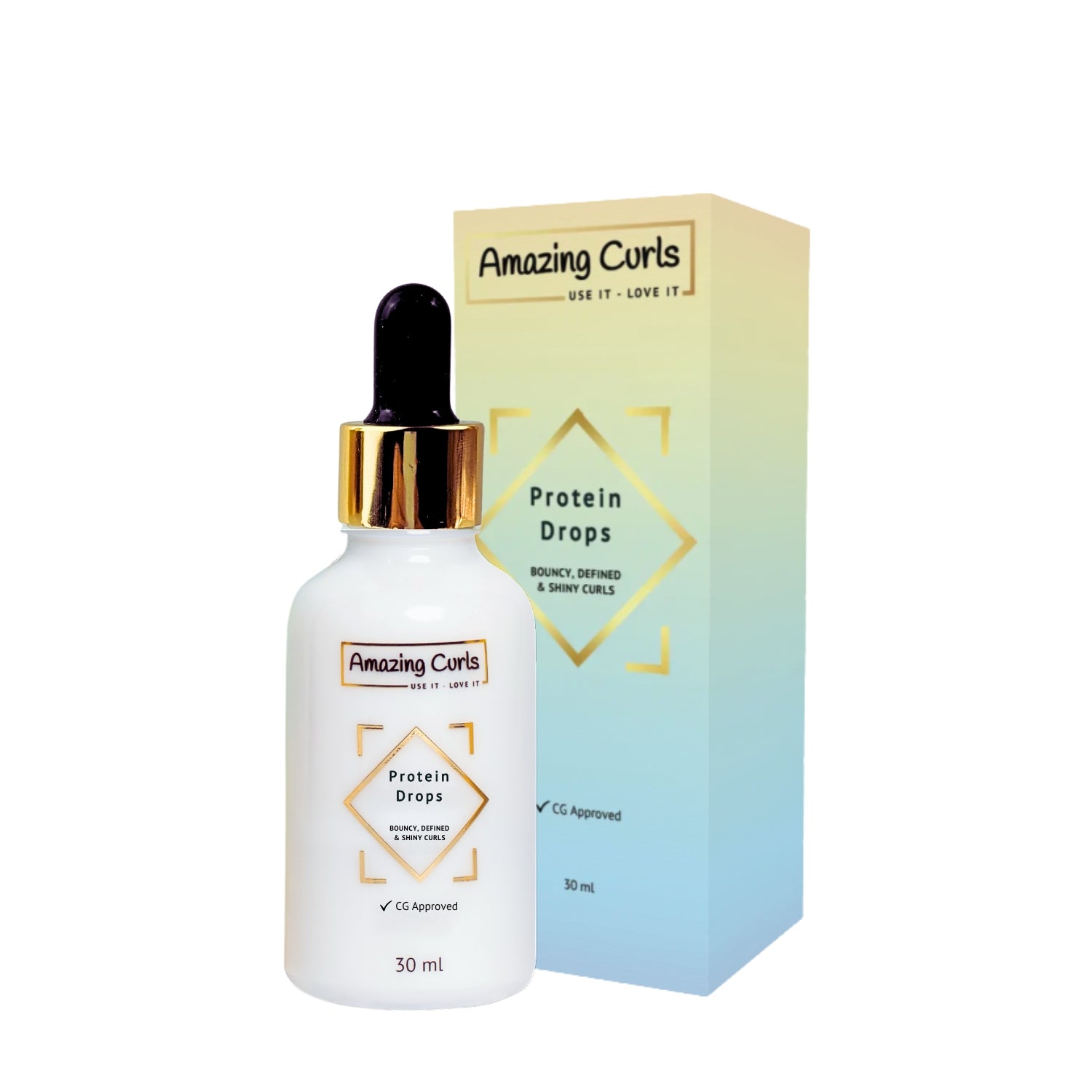 Witte fles Protein Drops met gouden druppelaar en pastelkleurige verpakking voor verzorging van krullend haar.