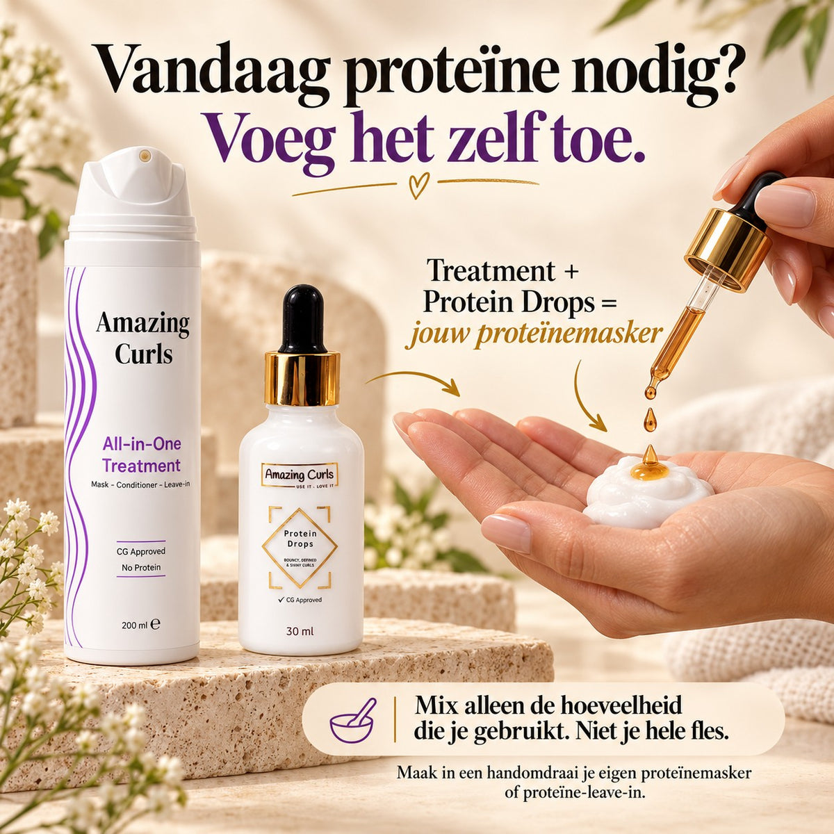Infographic van All-in-One Treatment met Protein Drops voor een zelfgemaakt proteïnemasker voor krullen