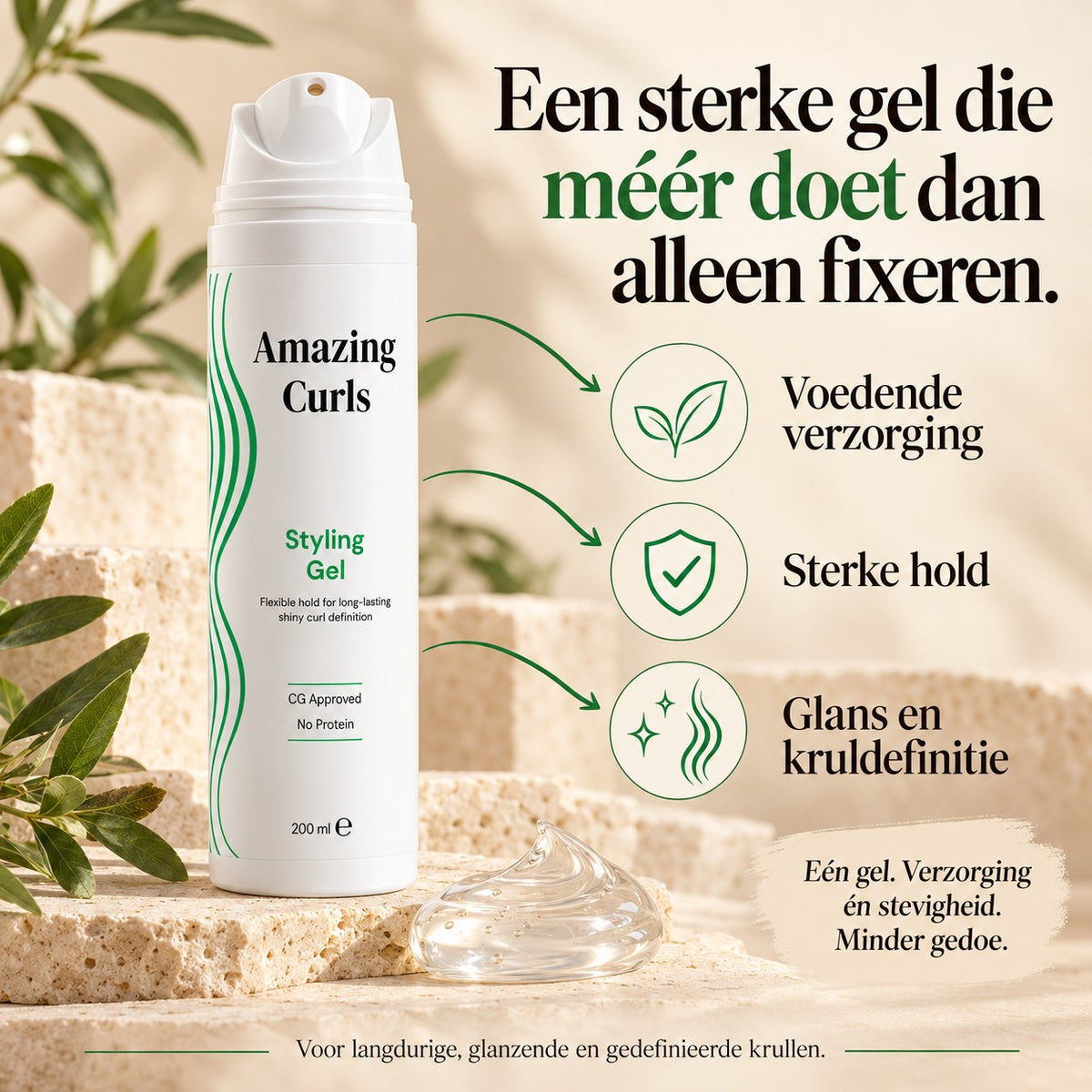 Infographic over Styling Gel van Amazing Curls met voedende verzorging sterke hold en glans voor gedefinieerde krullen