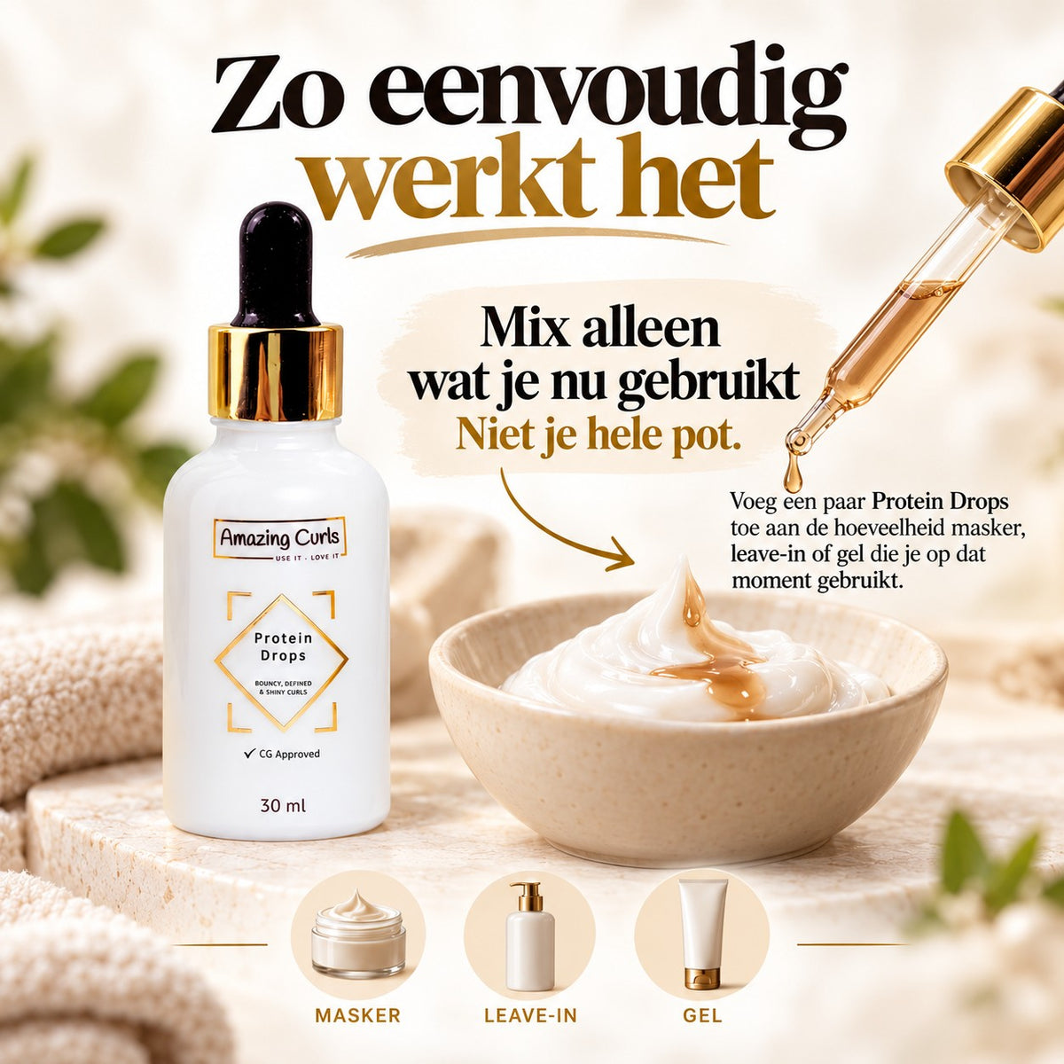 Infographic van Protein Drops van Amazing Curls voor toevoeging aan masker leave-in of gel voor krullen