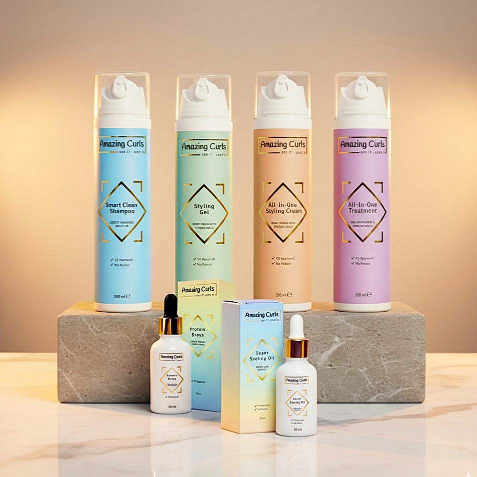 Complete Krullenroutine haarverzorgingsproducten van Amazing Curls met shampoo, styling gel, crème en treatment.