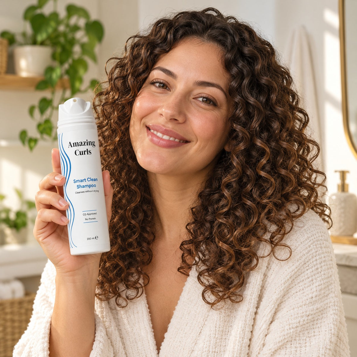 Smart Clean Shampoo van Amazing Curls in handen van vrouw met krullend haar