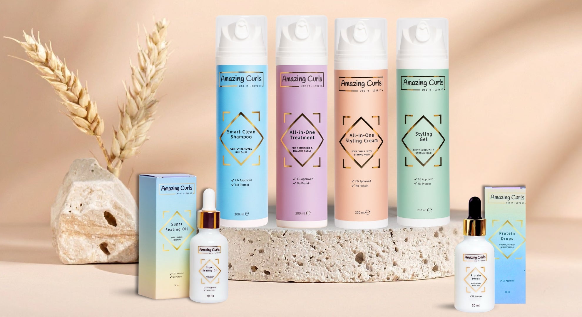 Assortiment Amazing Curls krullenproducten in verzorgende verpakkingen voor krullendhaar en cgmethode gebruik