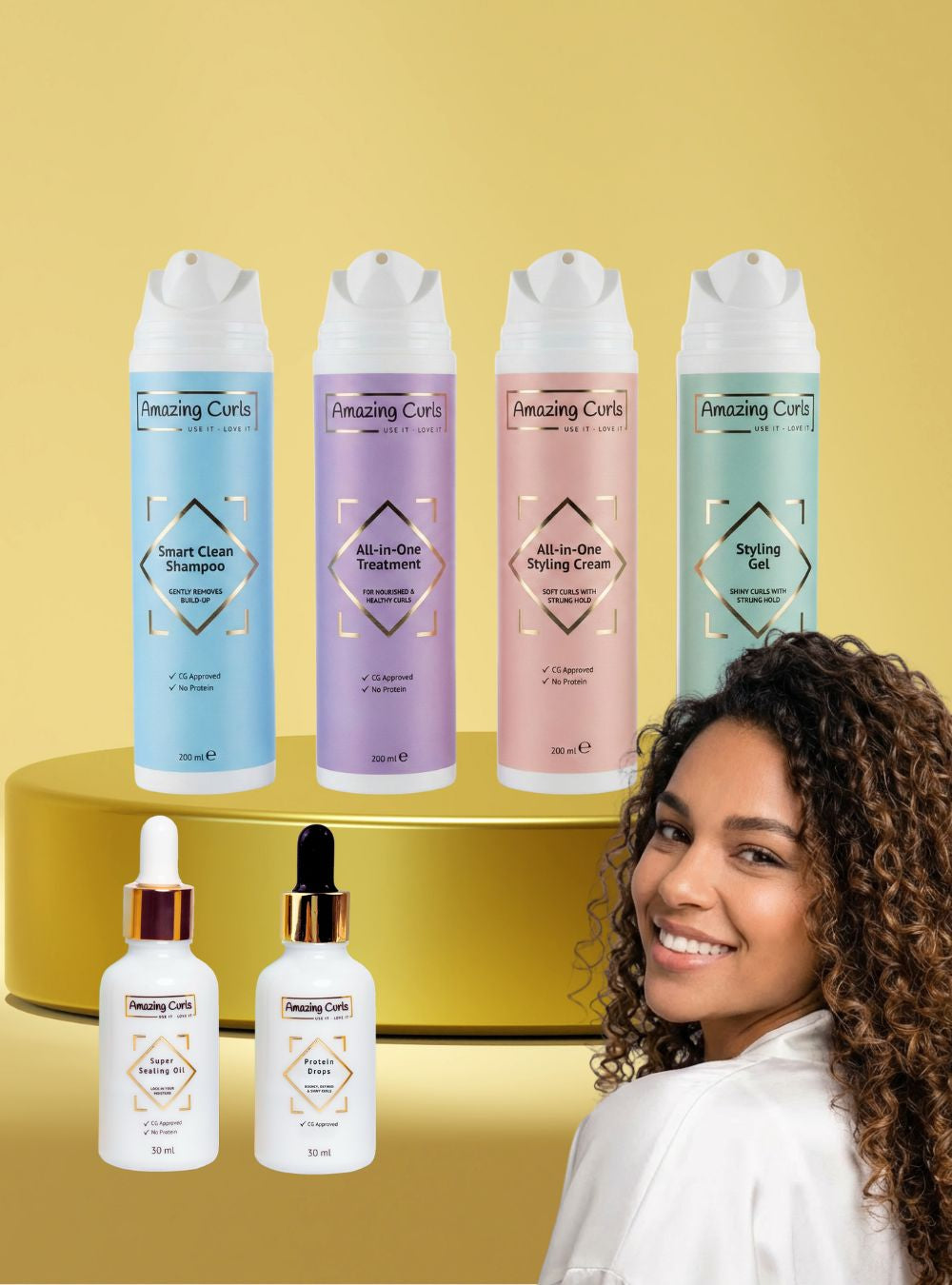 Assortiment Amazing Curls krullenproducten in verzorgende verpakkingen voor krullendhaar en cgmethode gebruik