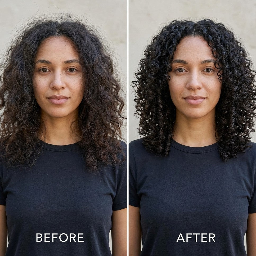 before en after na gebruik van de styling gel voor krullend haar - glans voor krullen - pluisvrije krullen - cgmethode.