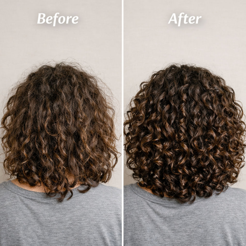 before en after na gebruik van de super sealing oil, haarolie voor krullen volgens de cgmethode