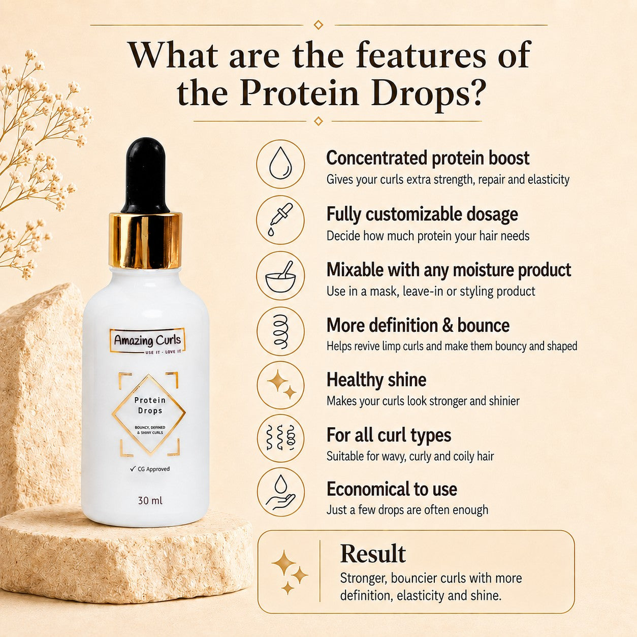 Fles Protein Drops met geconcentreerde proteïneboost voor sterke, veerkrachtige krullen met meer definitie en glans.