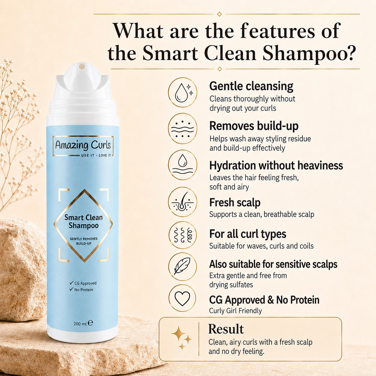 Flesje Smart Clean Shampoo van Amazing Curls met lichte blauwe verpakking naast natuurlijke elementen en productomschrijving.