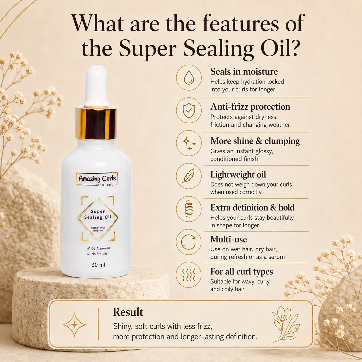 Witte fles Super Sealing Oil met gouden dop op natuurlijke stenen standaard, gericht op hydratatie en anti-pluis werking.