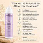 Fles All-in-One Treatment in zachte paarstint met verzorgende formule voor hydratatie en lichte fixatie van krullend haar.