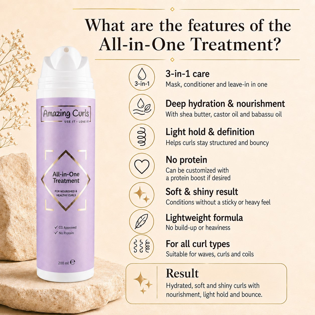 Fles All-in-One Treatment in zachte paarstint met verzorgende formule voor hydratatie en lichte fixatie van krullend haar.