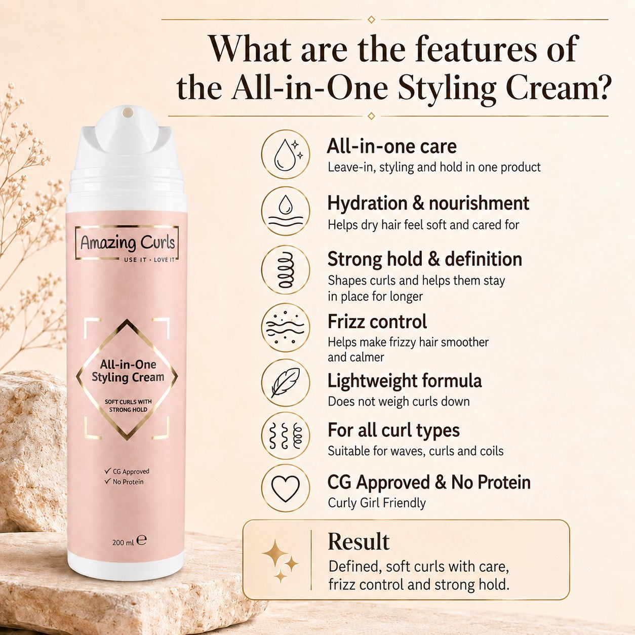 Fles All-in-One Styling Cream van Amazing Curls met verzorgende formule voor zachte, gedefinieerde krullen en sterke fixatie.