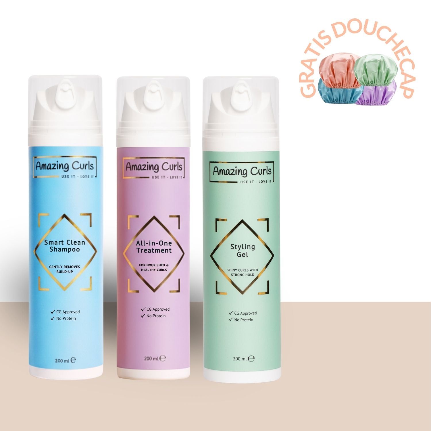 Frisse Start Bundel met shampoo, verzorging en styling gel, inclusief gratis douchecap voor optimale krullenverzorging.