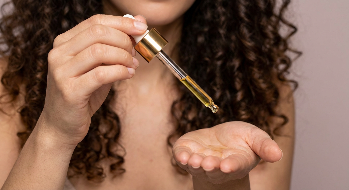 Vrouw met krullend haar brengt olie aan met pipet voor hydratatie en verzorging van krullendhaar volgens cgmethode