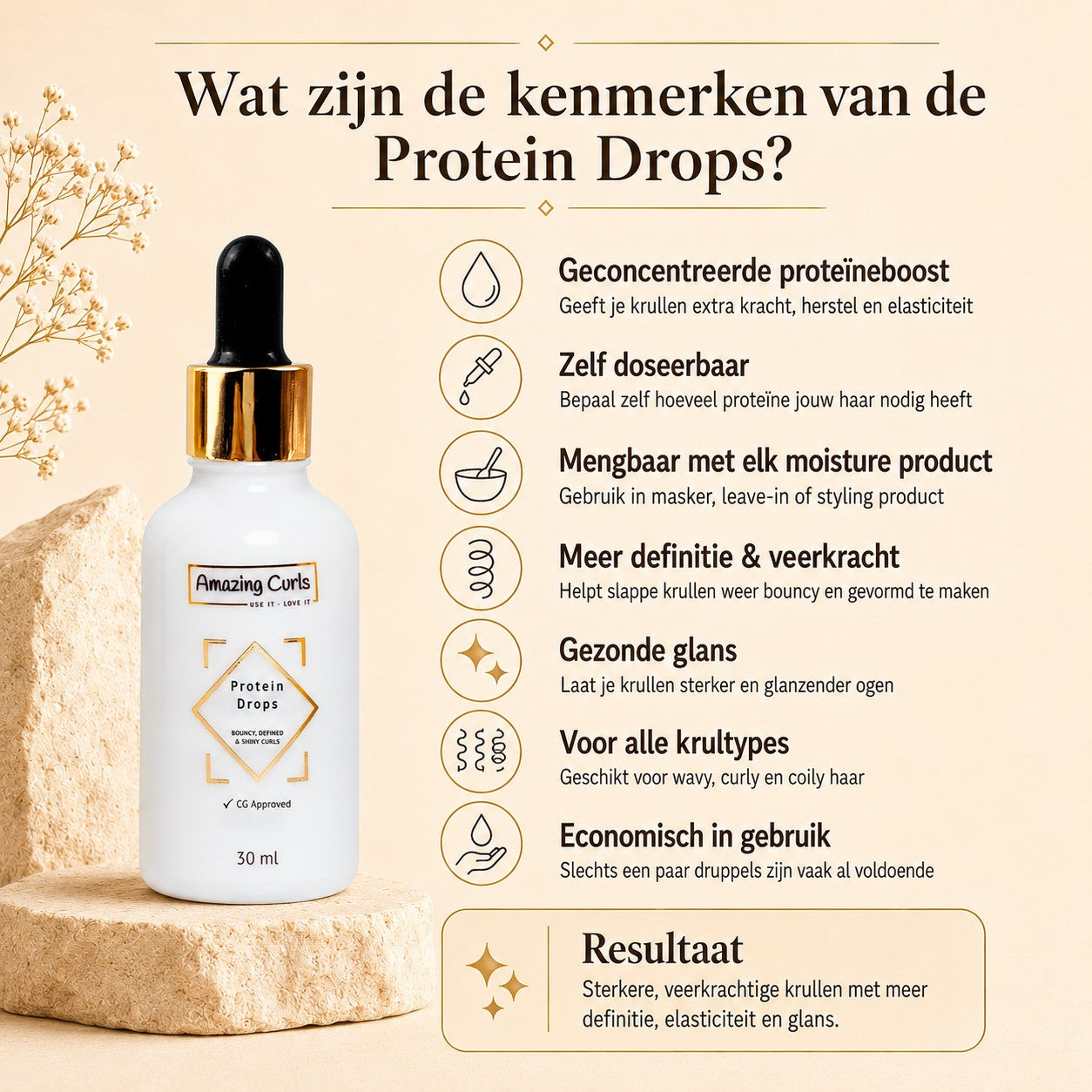 kenmerken protein drops - gezonde glans en definitie - sterkere krullen