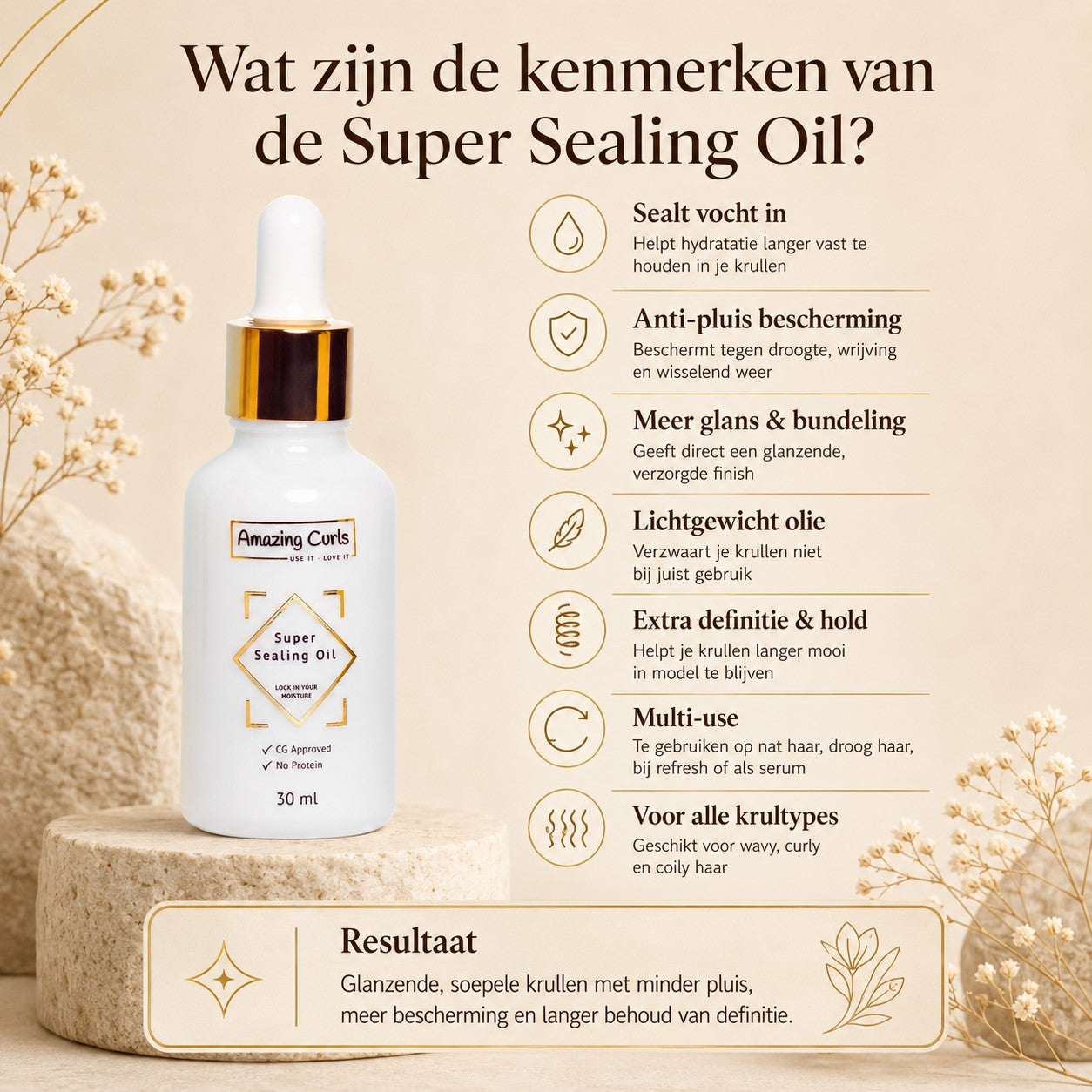 Fles Super Sealing Oil van Pluisvrije Krullen Bundel met hydraterende, anti-pluis en glansgevende werking voor alle krultypes.