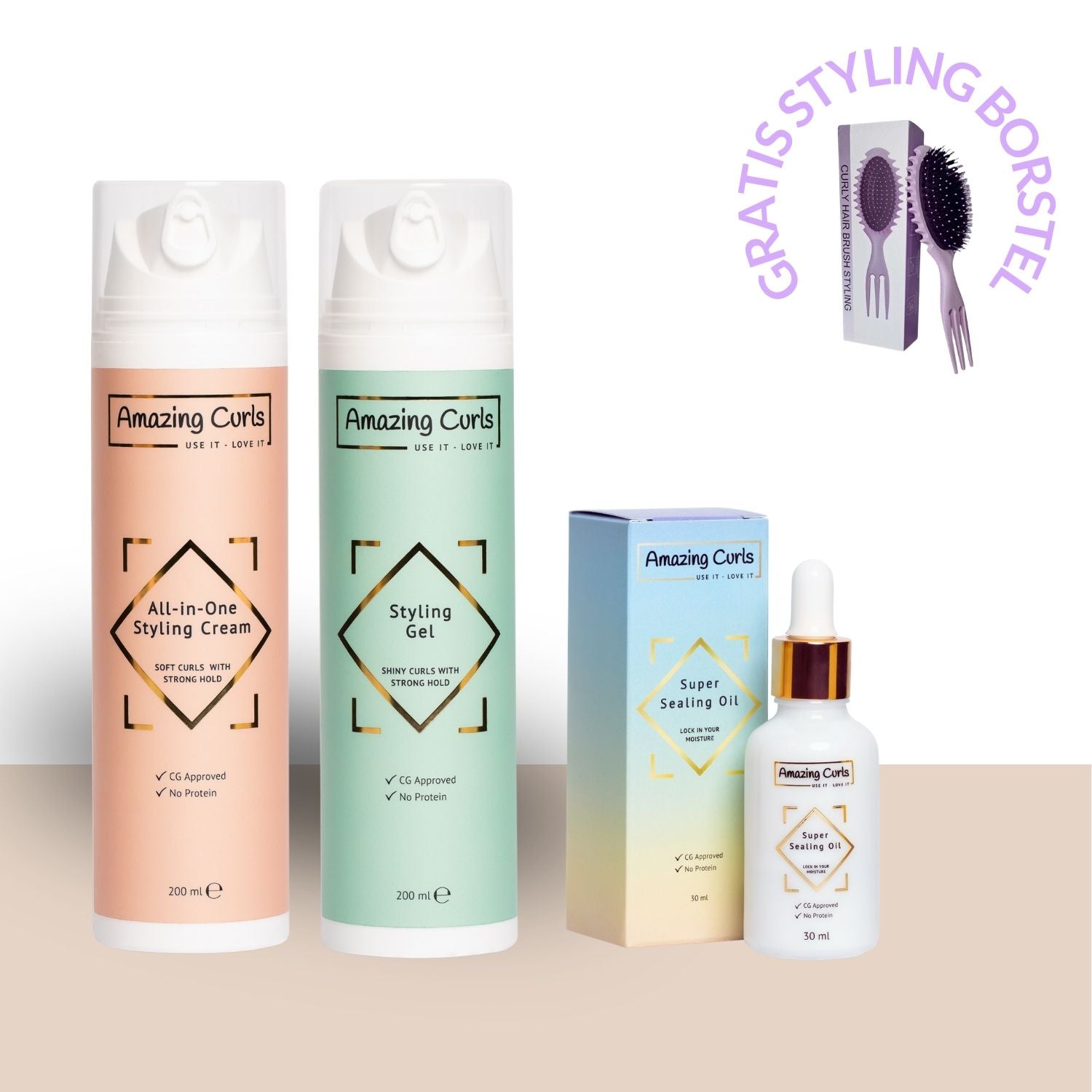 Pluisvrije Krullen Bundel met All-in-One cream, styling gel en super sealing oil, inclusief gratis styling borstel