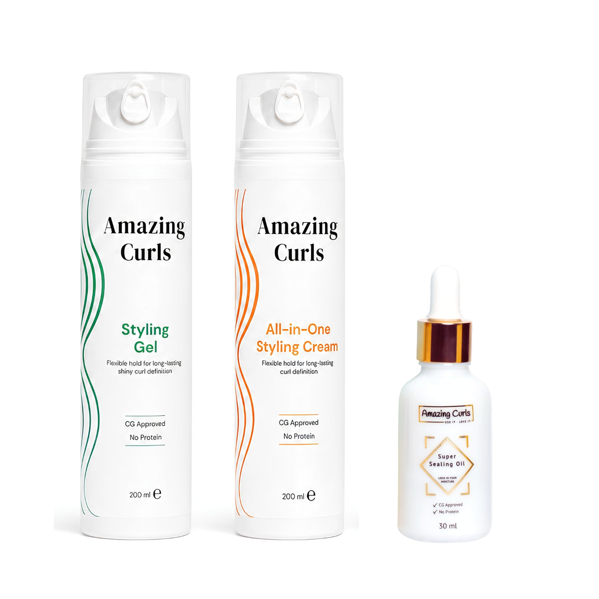 Pluisvrije Krullen Bundel met verzorgende styling gel, all-in-one cream en intensieve sealing olie voor krullend haar.