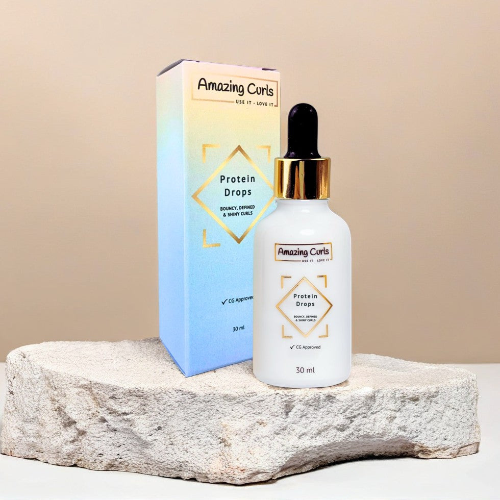 Flesje en verpakking van Amazing Curls Protein Drops voor krullenproducten en krullendhaar cgmethode 30 ml