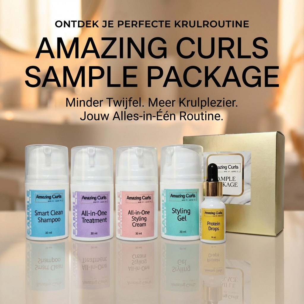 Sample Package met Amazing Curls krullenproducten shampoo treatment styling gel en protein drops voor krullendhaar cgmethode
