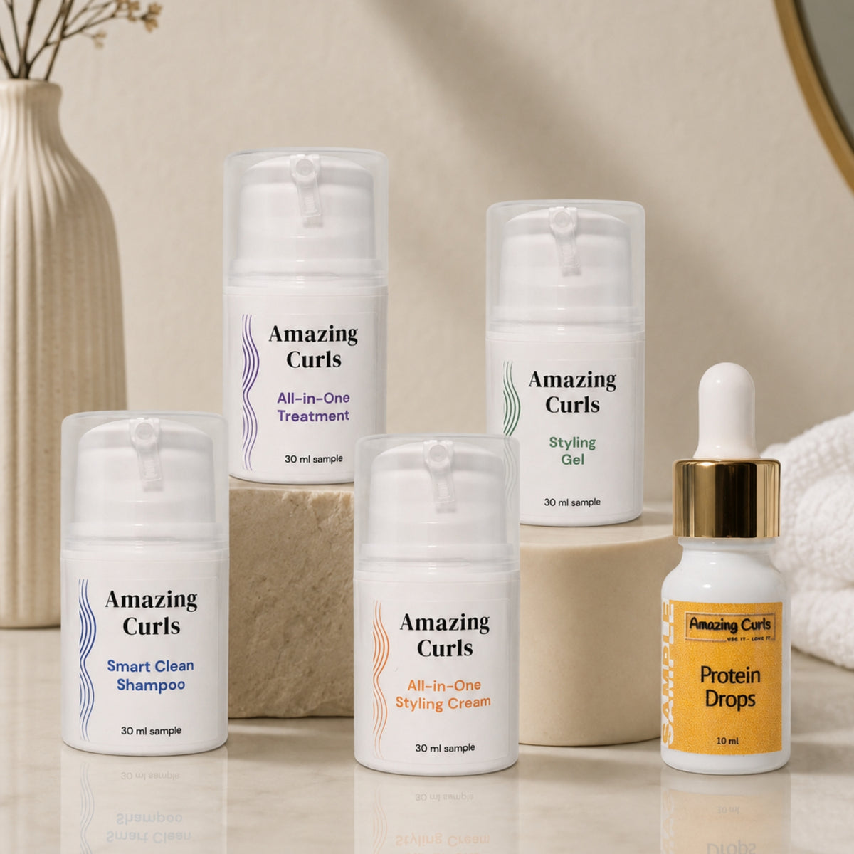 Sample Package met diverse verzorgingsproducten van Amazing Curls voor effectieve ondersteuning van krullend haar.