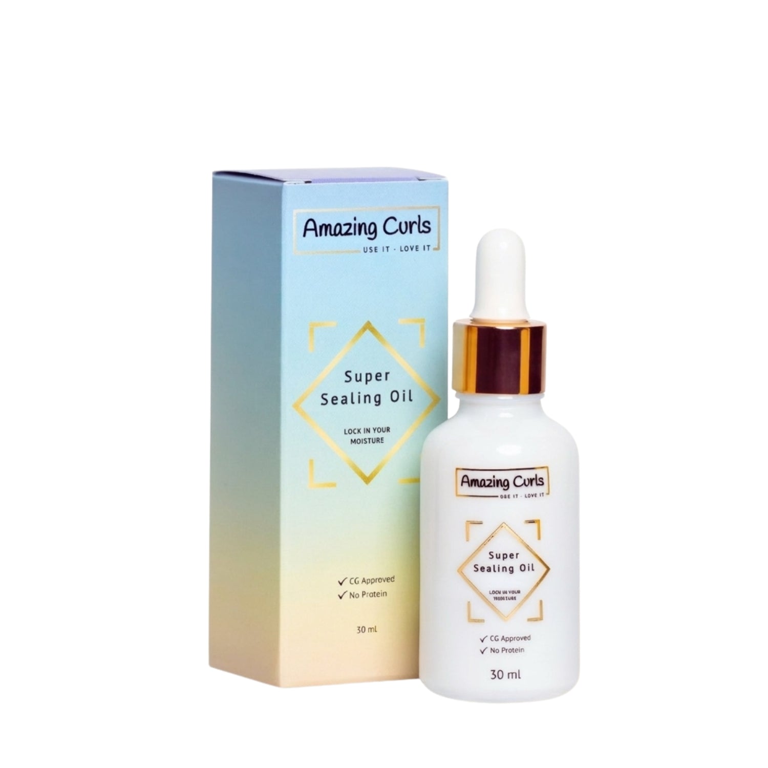 Witte fles Super Sealing Oil met gouden druppelaar en blauwe verpakking voor intensieve verzorging van krullend haar.