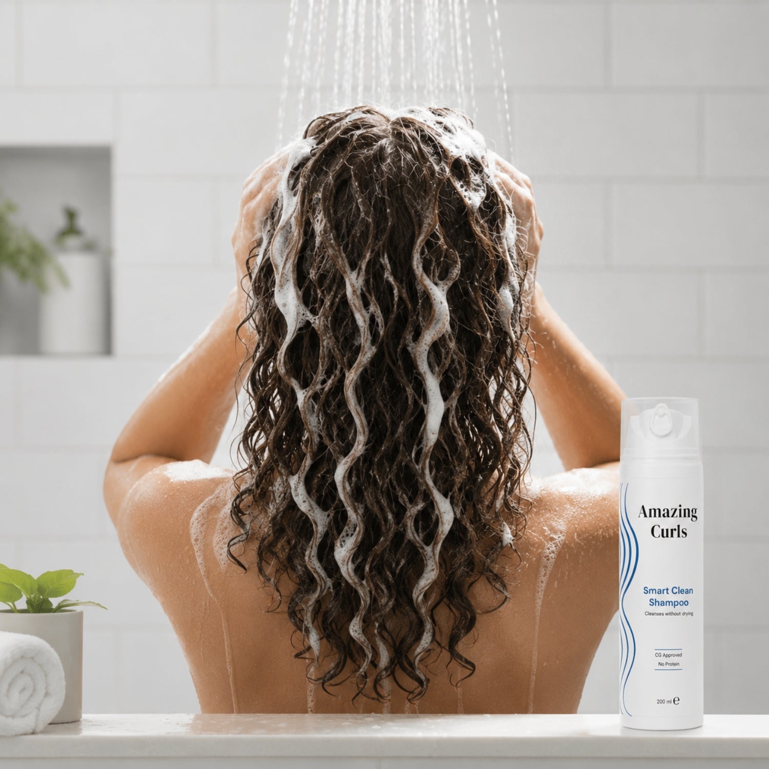 Vrouw wast krullendhaar onder douche met Amazing Curls Smart Clean Shampoo krullenproducten cgmethode