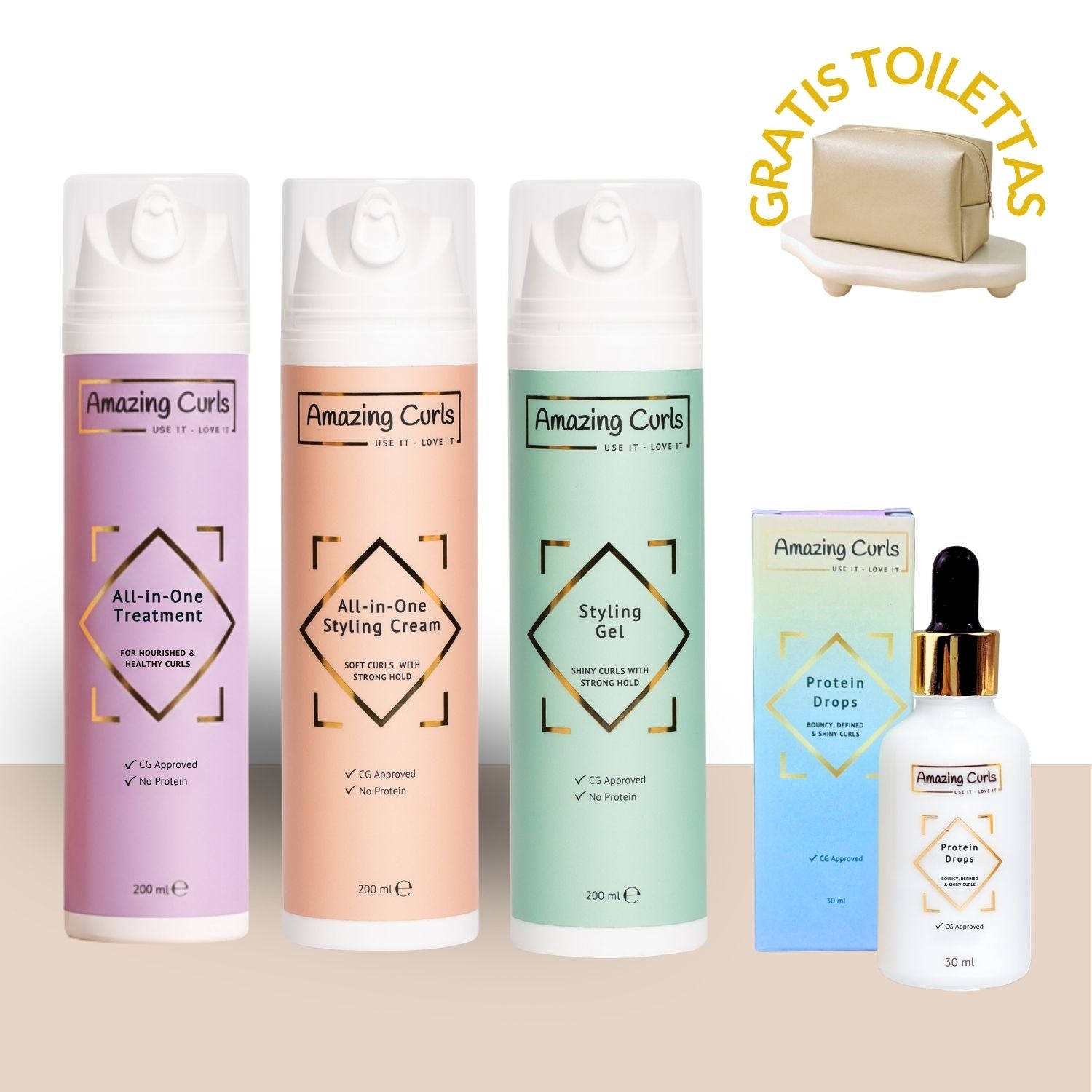 Sterke Krullen Bundel met voedende stylingproducten en gratis beige toilettas voor optimale krullenverzorging.