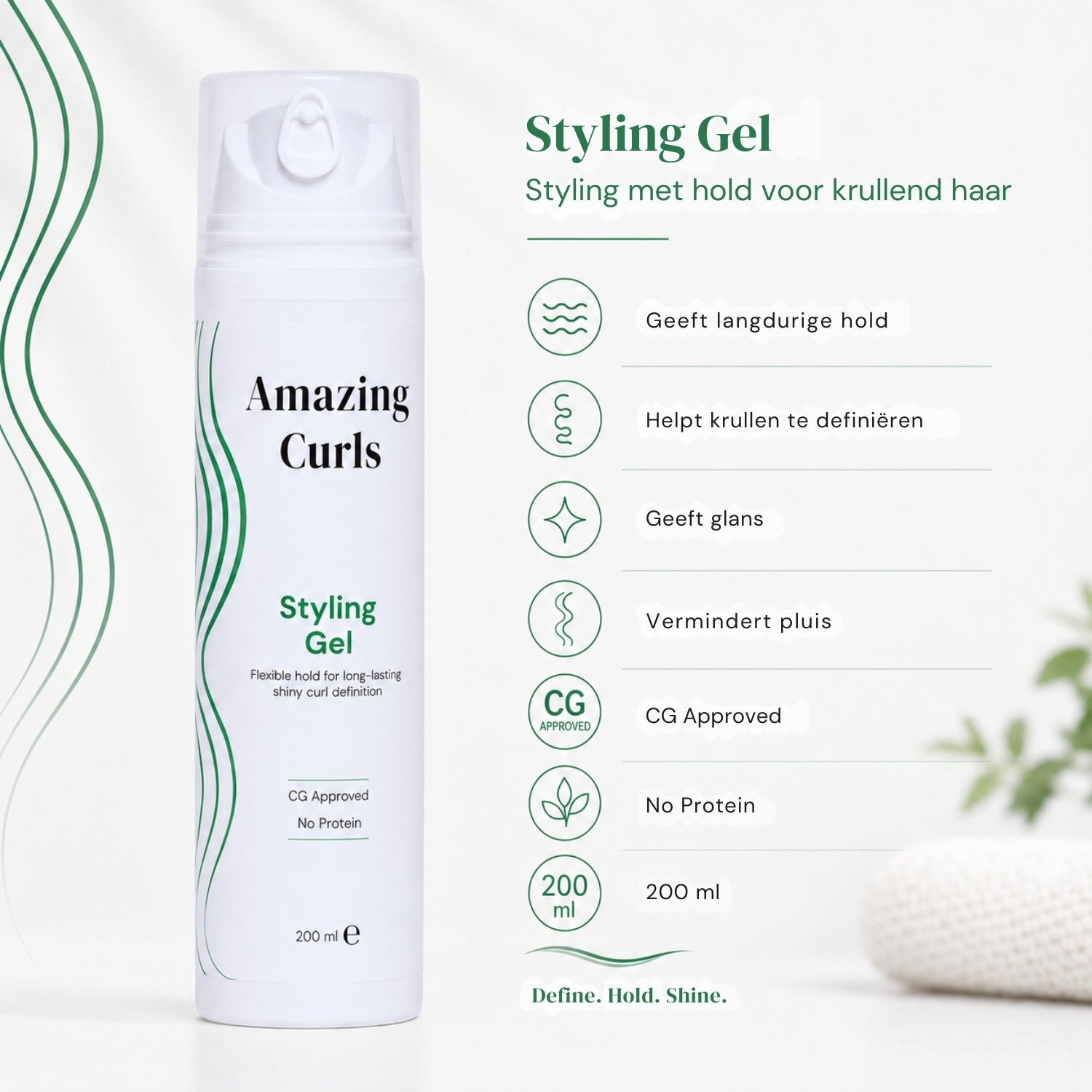 Witte fles Styling Gel van Moisture Bundel voor langdurige hold, glans en definitie van krullend haar zonder proteïne.