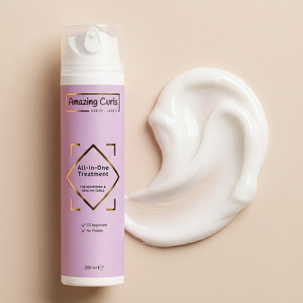 Fles All-in-One Treatment van Amazing Curls voor krullenproducten en cgmethode gebruik bij krullendhaar