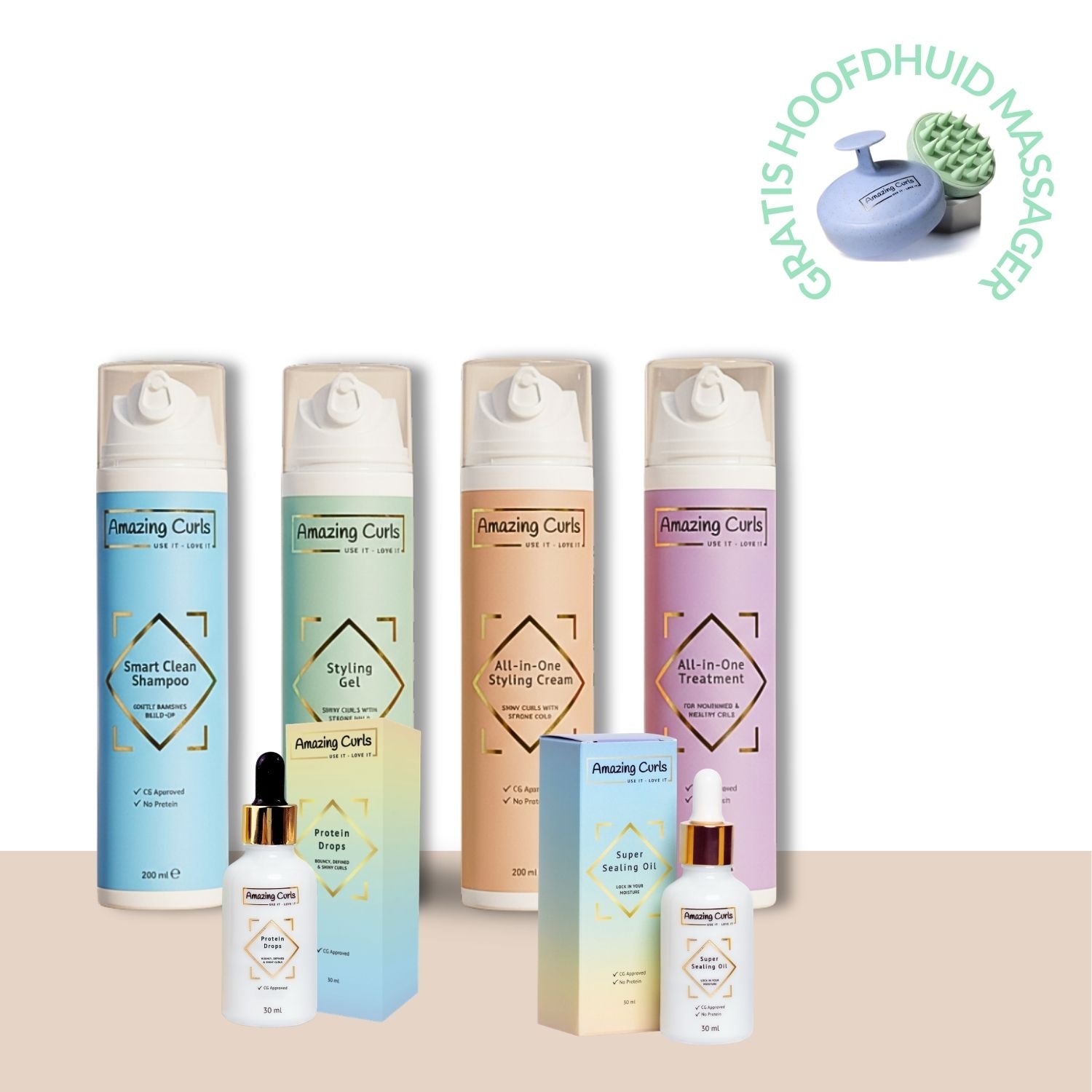 Set krullenproducten including shampoo, styling gel, treatment en olie met gratis hoofdhuid massager, De Ultieme Krullenroutine.