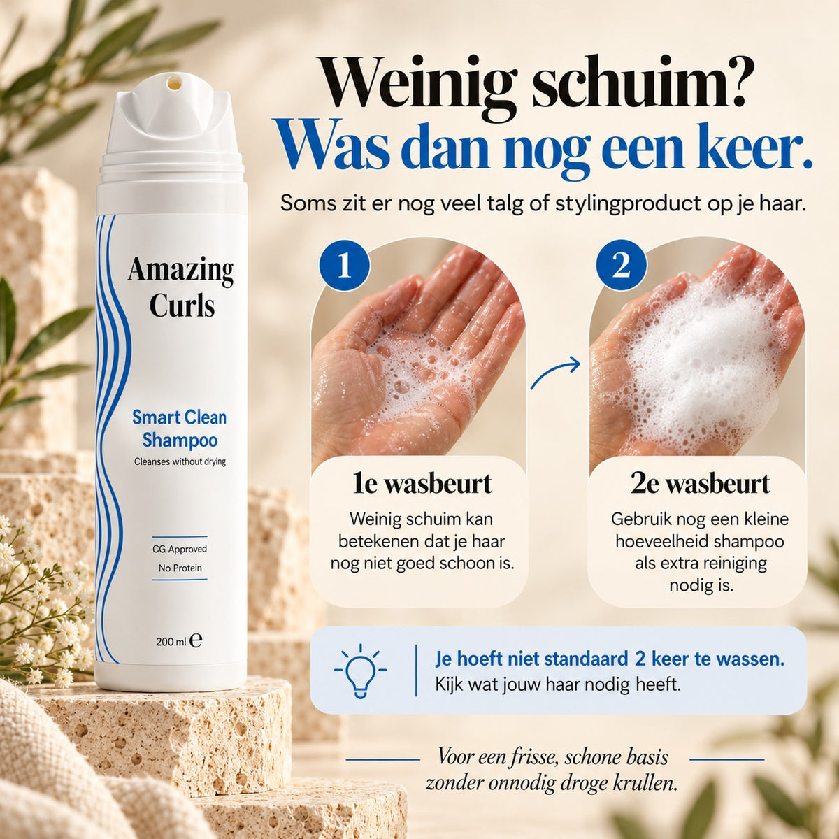 Smart Clean Shampoo infographic over tweemaal wassen bij weinig schuim voor een frisse basis voor krullen